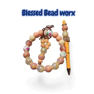 Blessed Bead Worx Elegant Cream and Orange Keychain with Floral Beads and Pen Holder Perfect for You.