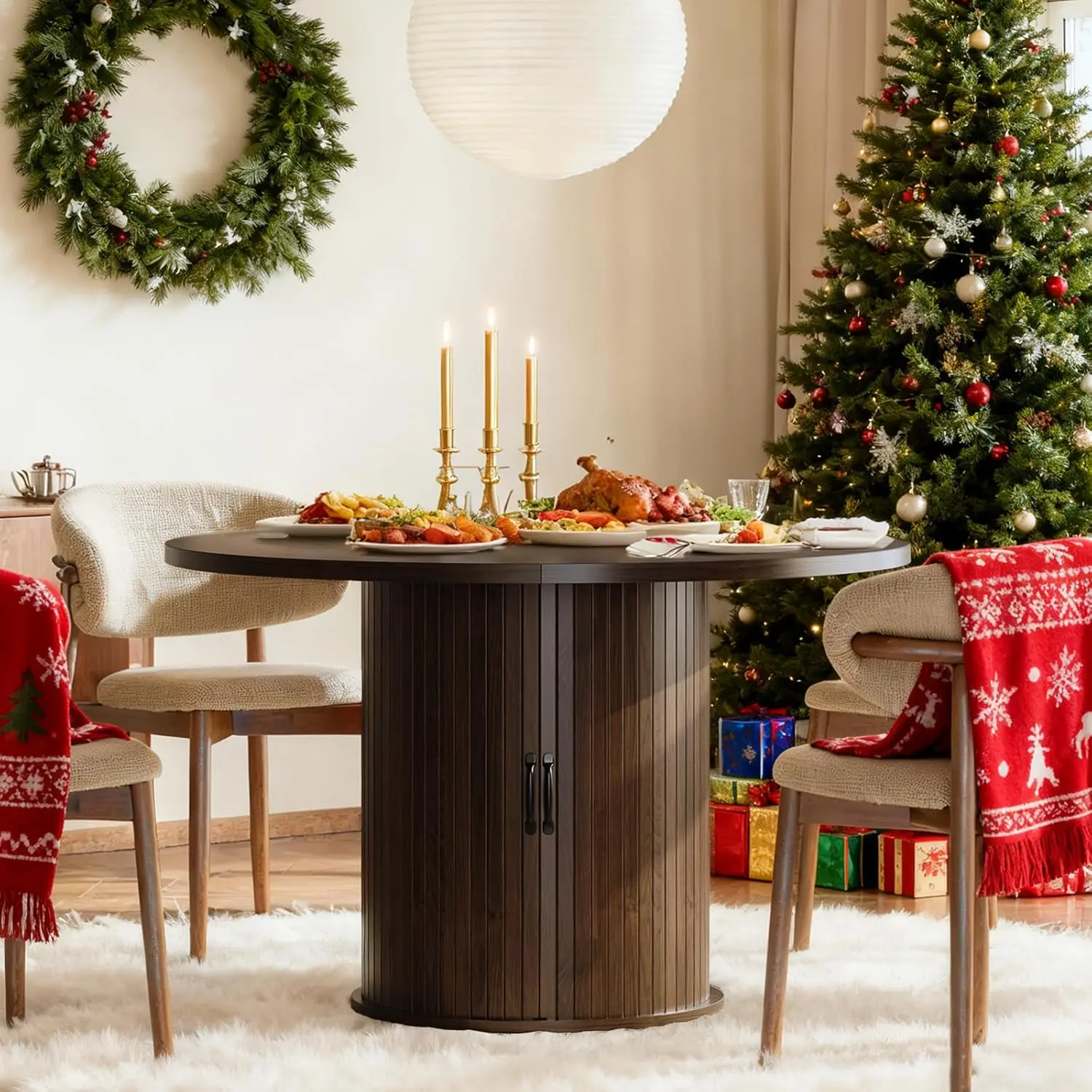47" Round Dining Table for 4 Modern Fluted Circle Table with 2-Layer Storage and Sliding Door Farmhouse Dinner Tables for Kitchen Living Room Brown