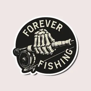 Forever Fishing Skeleton Sticker, Gothic Angler Vinyl Decal, Skeleton Hand Holding Fishing Rod for Tackle Box, Boat, Cooler or Helmet