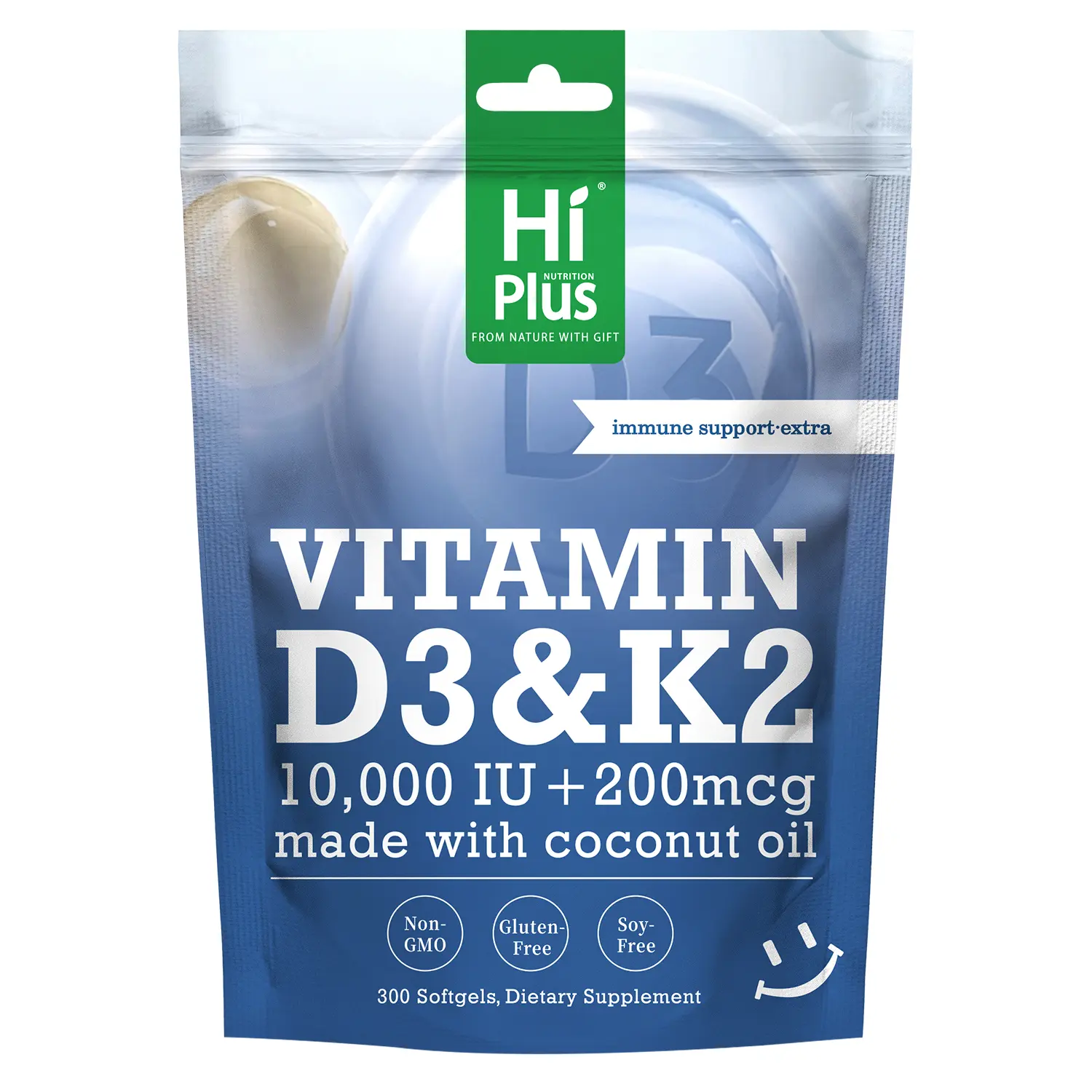 Vitamin D3 & K2 Dietary Supplements 10000 IU + 200 mcg 300 Softgels Made with Coconut Oil for Immune Support and Bone Health