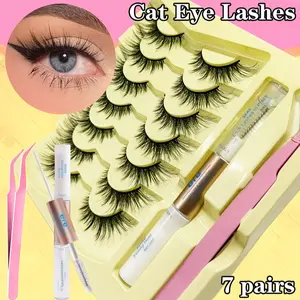 7 Pairs False Lashes Set, Soft Natural Flawless Cat Eye Effect, Lightweight Lash Extension Kit, Includes Dual-Head Glue and Lash Clamp, Reusable, Comfortable