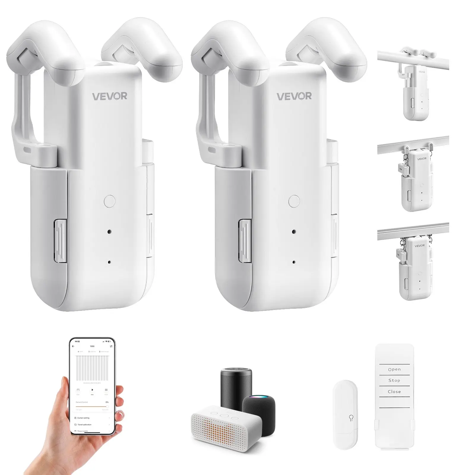 VEVOR Automatic Curtain Opener, 2 Pack, APP and Remote Control, Hub Included, Electric Smart Curtain Opener Compatible with Alexa and Google Home, Timed Opening and Closing, for Roman Rods, U/I Rails, Batteries, 2 Remote Control