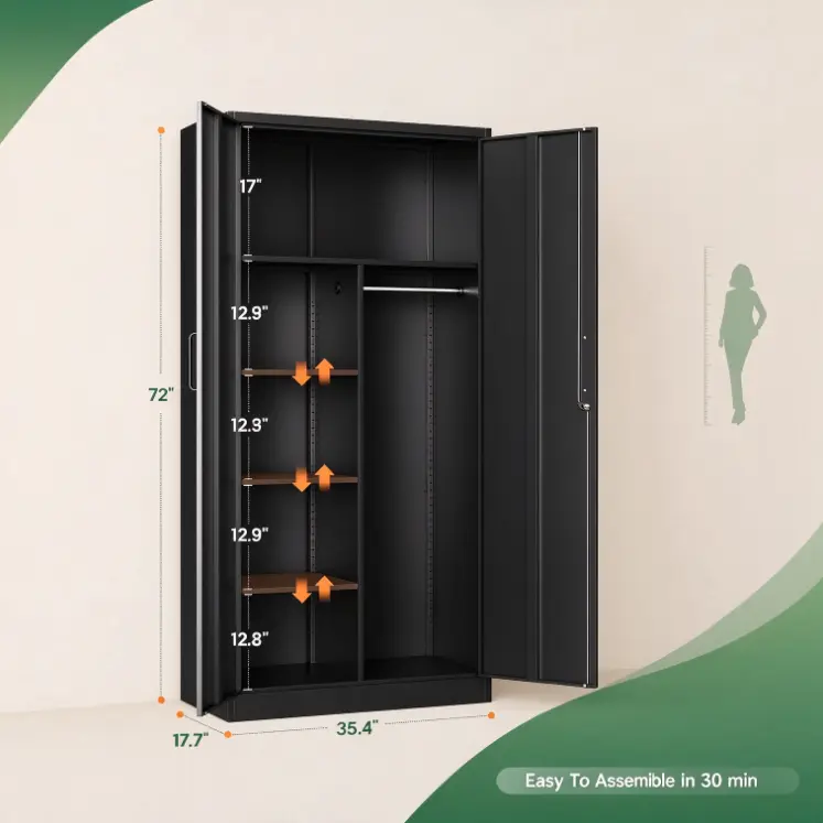 Metal Storage Cabinets Locker with Lock Door, 72" Clothing Coat Steel Storage Freestanding Wardrobe for Office, Home, School, Employee,Gym,Fire Department (Black)