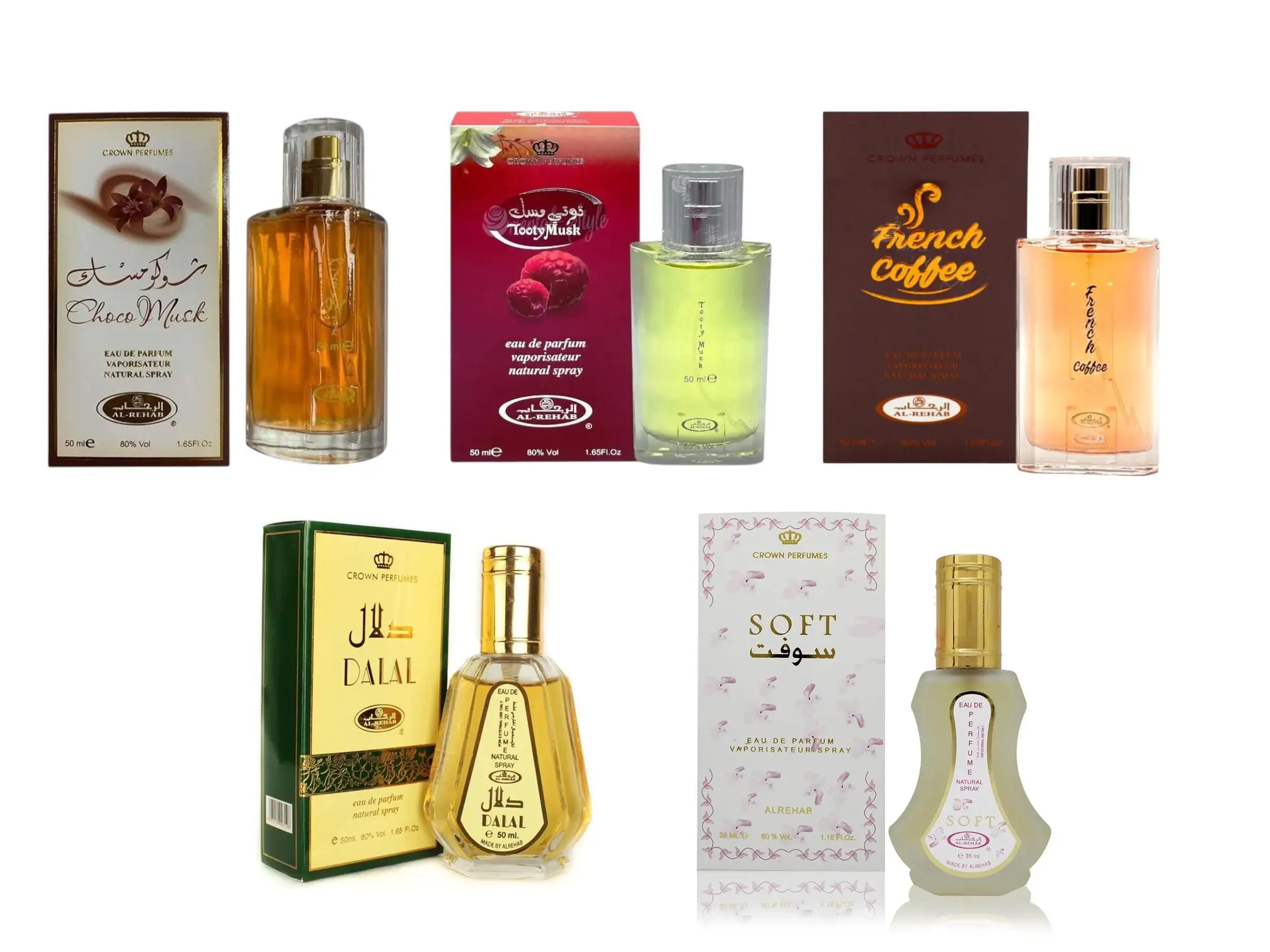 (5pc Bundle Pack) 50ml Choco Musk + Tooty Musk + French Coffee + Dalal + 35ml Soft Perfume Spray by Al-Rehab