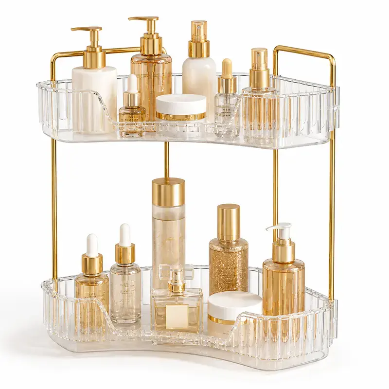 2-Tiers Corner Bathroom Counter Organizer, Clear Countertop Shelf Storage Rack, Cosmetic Perfume Tray Standing Holder with Gold Metal Pole, Skincare Sink Organizer for Vanity Kitchen Transparent Smooth,perfume organizer tray,skincare organizer