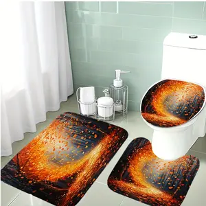 3-Piece Half-Moon Bathroom Mat Set with Autumn Leaf Pattern, Toilet Cover Pad and U-Shaped Mat, Soft Flannel Material, Non-Slip Bath Decor