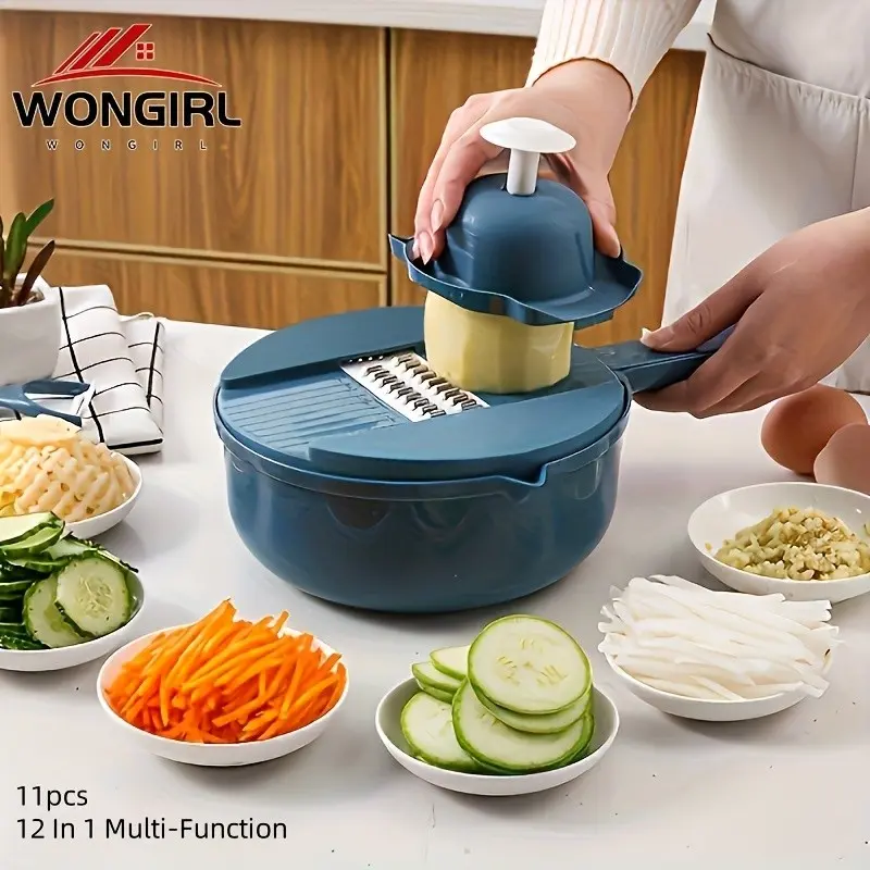 11-Piece 12-In-1 Multi-Functional Vegetable Chopper Set, Manual Slicer, Grater, Shredder for Carrots, Potatoes, Radishes, Essential Kitchen Tool
