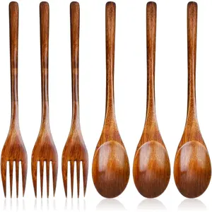 6 count Wooden Forks and Spoons Reusable Wooden Spoons Forks Set Eating Utensil Set wooden Cutlery  Dinnerware Set  Kitchen Tableware  Utensils for Stirring Cooking Eating