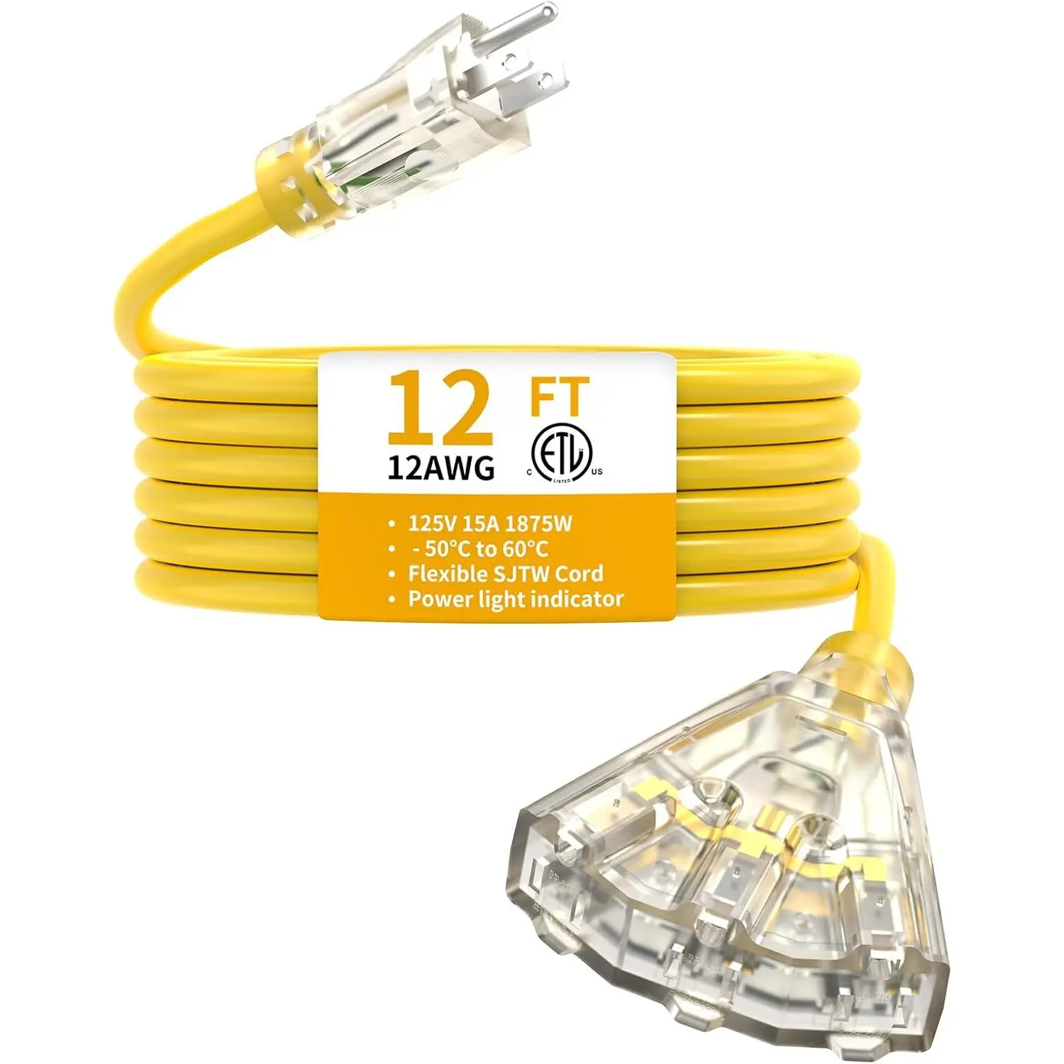 12FT 12 Gauge Heavy Duty Outdoor Extension Cord  with 3 Outlets Splitter & Lighted End, SJTW 15A 1875W 3 Prong Weatherproof Electric  Multi-Plug 3 way Power Cord, ETL Listed for Outside