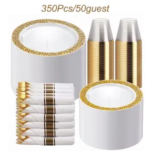 Silver/Gold/Clear/White/Blue Disposable Plates and Silverware Set: Dinner Plates,Dessert Plates, Cups,Napkins,Knife, forks, spoons-Perfect for Party