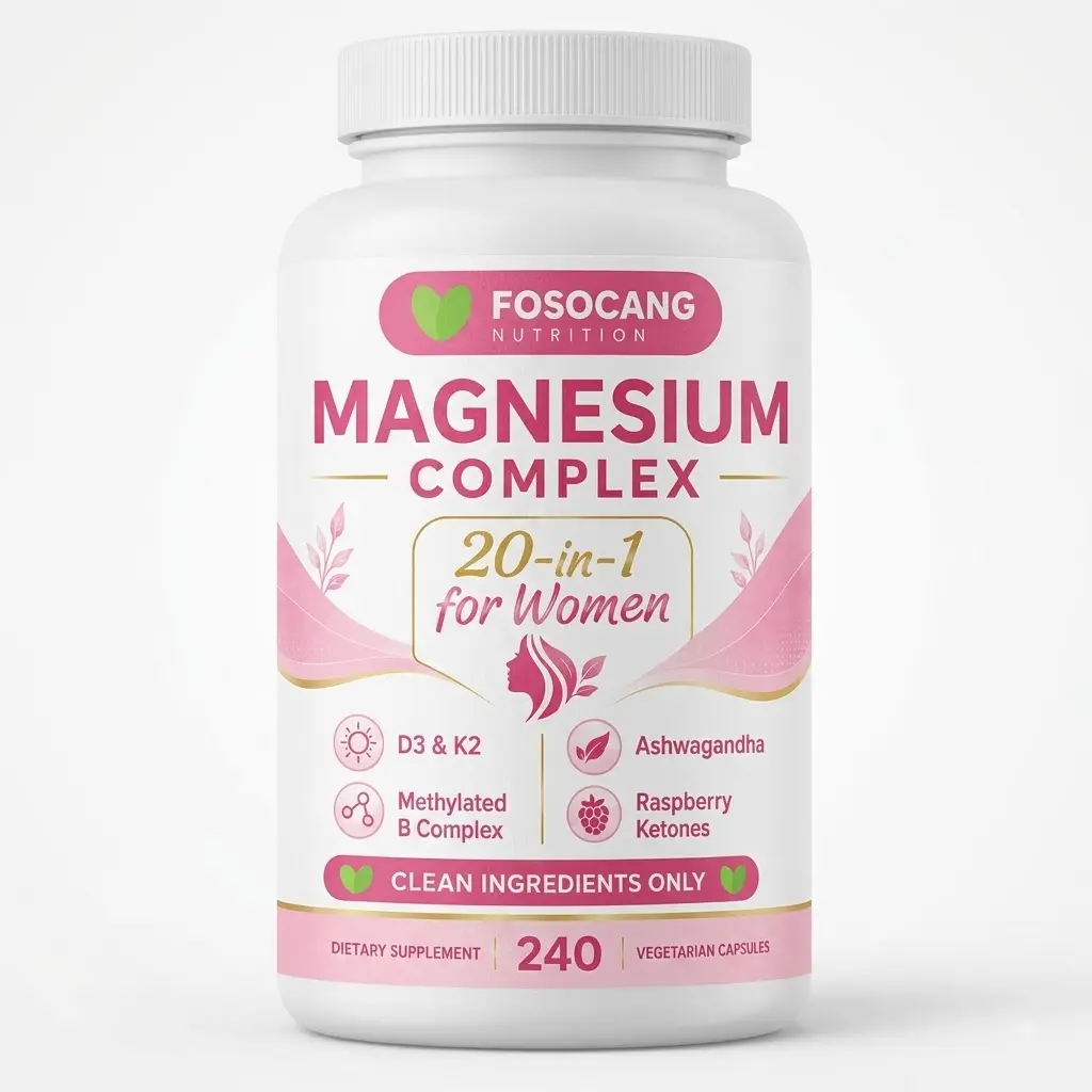 FoSoCang Magnesium Complex for Women, 240 Vegetarian Capsules | 20-in-1 Formula - Magnesium Blend with Vitamin D3, K2, Ashwagandha & More | Filler Free, Non-GMO / Healthcare,Dietary,Supplement,Edible,Bathroom,Optimum,Fitness