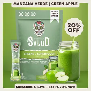 Salud 2-in-1 [Greens + Superfoods – Green Apple] Daily Greens Drink Mix,Agua Fresca,  Gut Health & Bloating Support, Probiotics & Prebiotics, Vegan, Non-GMO, Easy-to-Drink Greens Powder (15 Servings)