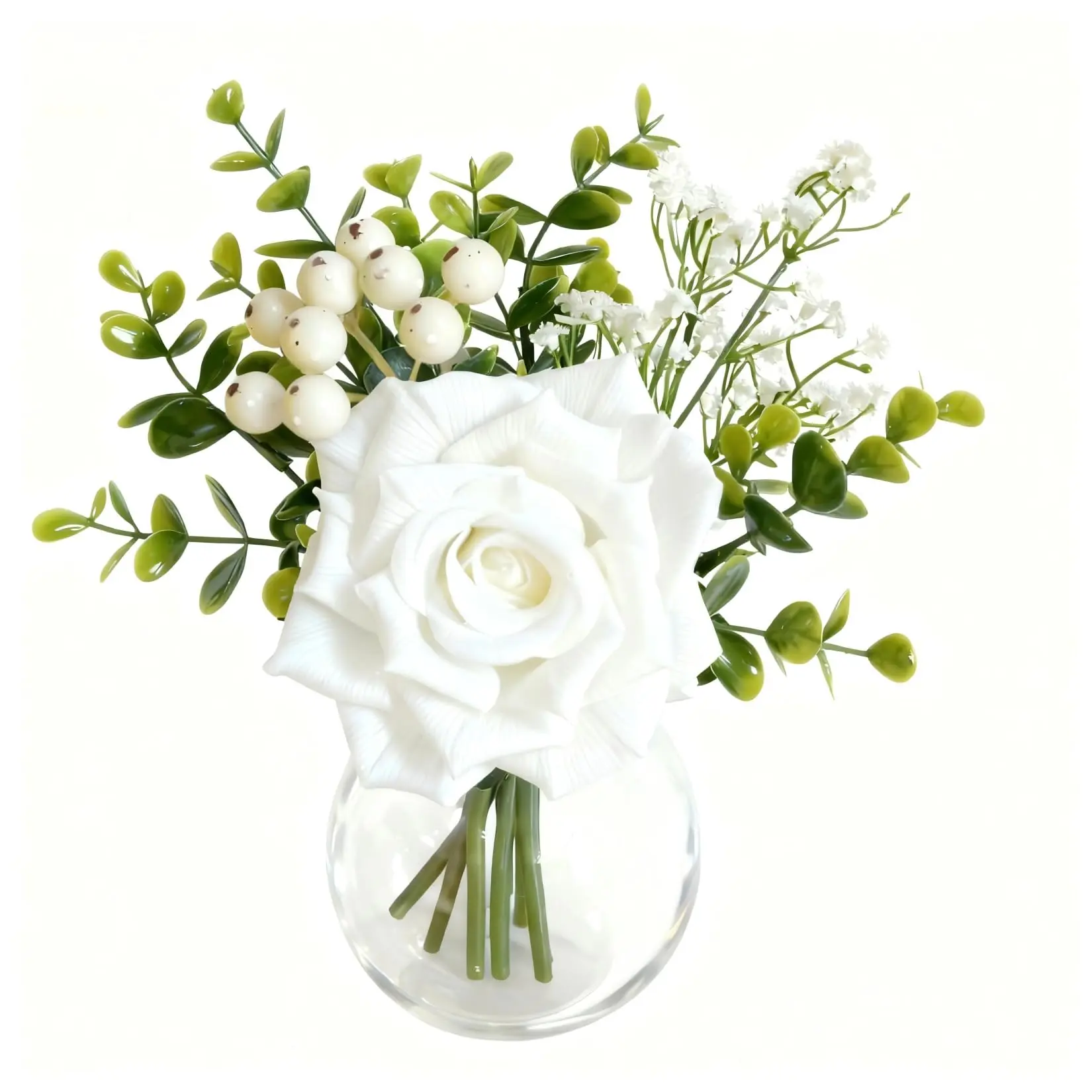 6 Pcs Decorative White Artificial Floral Roses in Round Glass Vase with Eucalyptus Leaves & Baby’s Breath - Faux Arrangement for Wedding Centerpieces, Kitchen Table Decor, Gift, Set