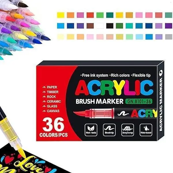 36-Pcs Acrylic Brush Marker Set, Waterproof Office Art Supplies with Soft Brush Tip, Crafts Acrylic Markers for Coloring, Wood & Plastic Use, Glass/Stone Ready
