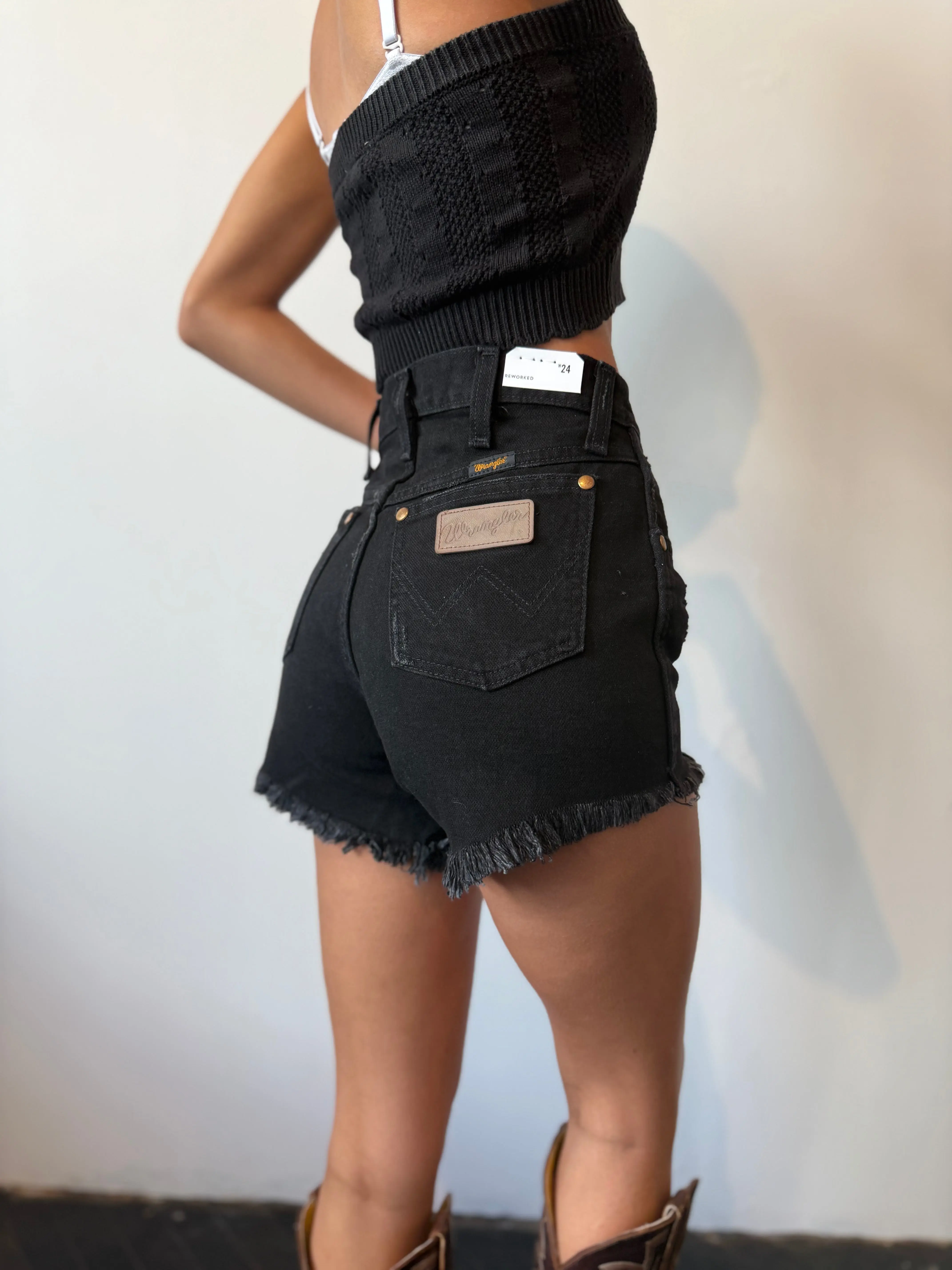 Wrangler Women's High-Waist Vintage Reworked Plain Jean Shorts - Black 100% Cotton Bottoms for Everyday Casual Wear