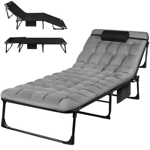 Portable Folding Camping Cot Adjustable 3-Position Reclining Folding Chaise with Detachable Pillow, Heavy-Duty Collapsible Folding Chair Bed with Phone Pocket for Outdoor Camping RV Patio
