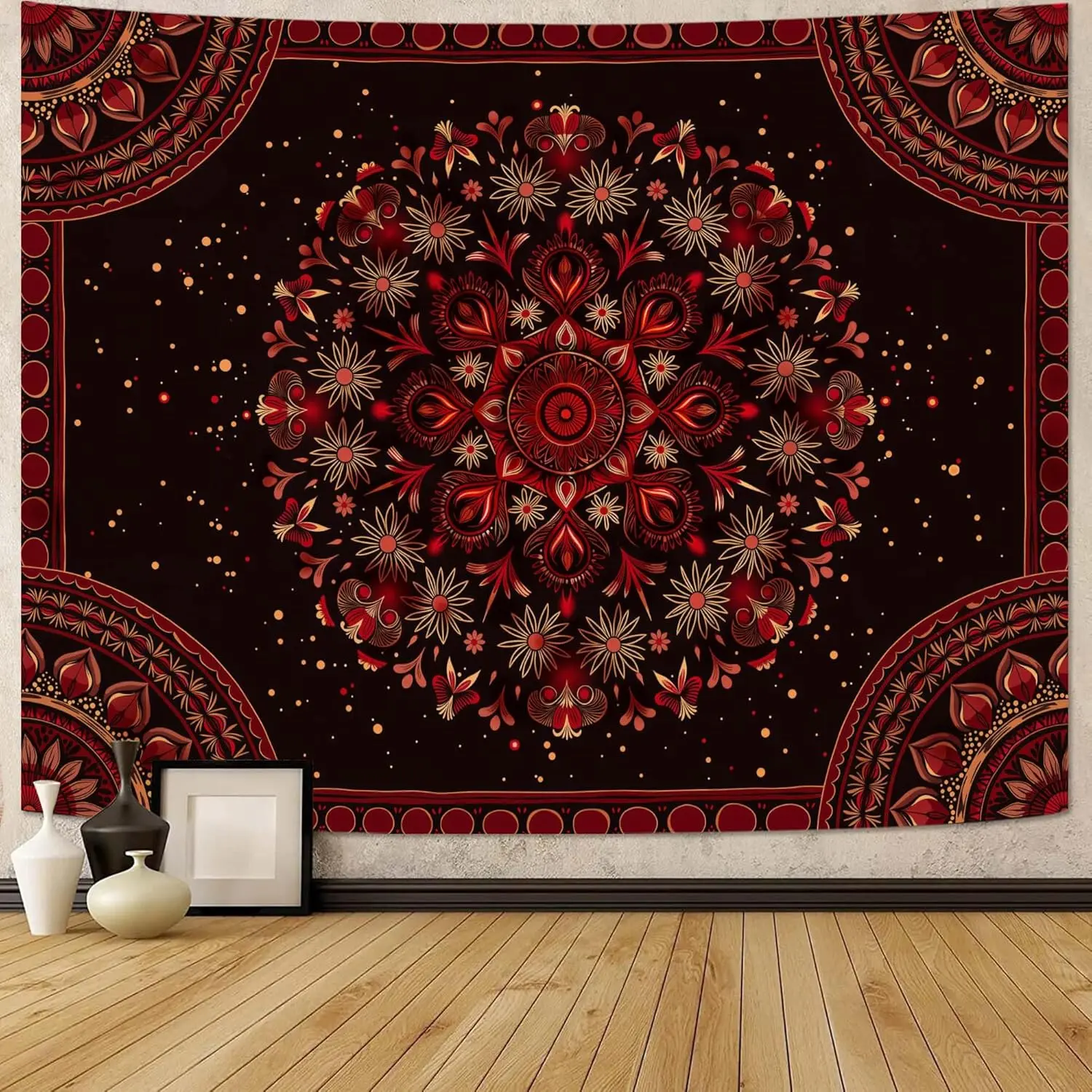 Boho Mandala Tapestry Wall Hanging Hippie Bohemian Floral Flower Medallion Tapestry Aesthetic Large Vintage Black Red Indian Tapestries for Bedroom Living Room Dorm Decor 80 x 60 Inch