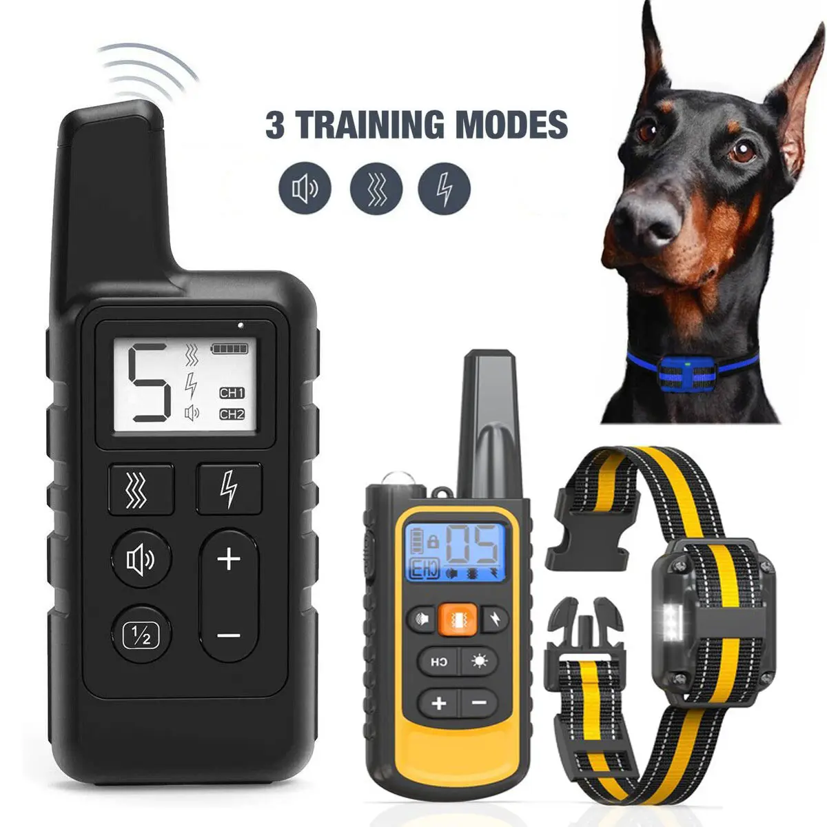 Dog Training Collar, IP67 Waterproof Dog e-Collar with Remote Control, 3 Training Modes, Vibration and Beep, Rechargeable Electric Collar for Large Medium Small Dogs