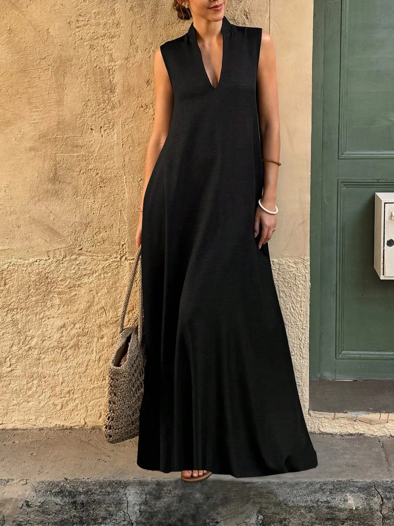 Women's Elegant Minimalist Long Dress, Spring Summer Pure Color V-Neck Loose Fit, High-End Casual Comfy Classy Wear with Pockets, Suitable for Daily Home or Formal Occasions