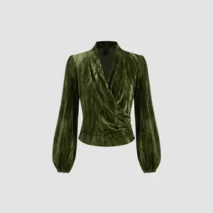 Cider [2 colors, size 2-26] Velvet V-neck Solid Wrap Long Sleeve Top