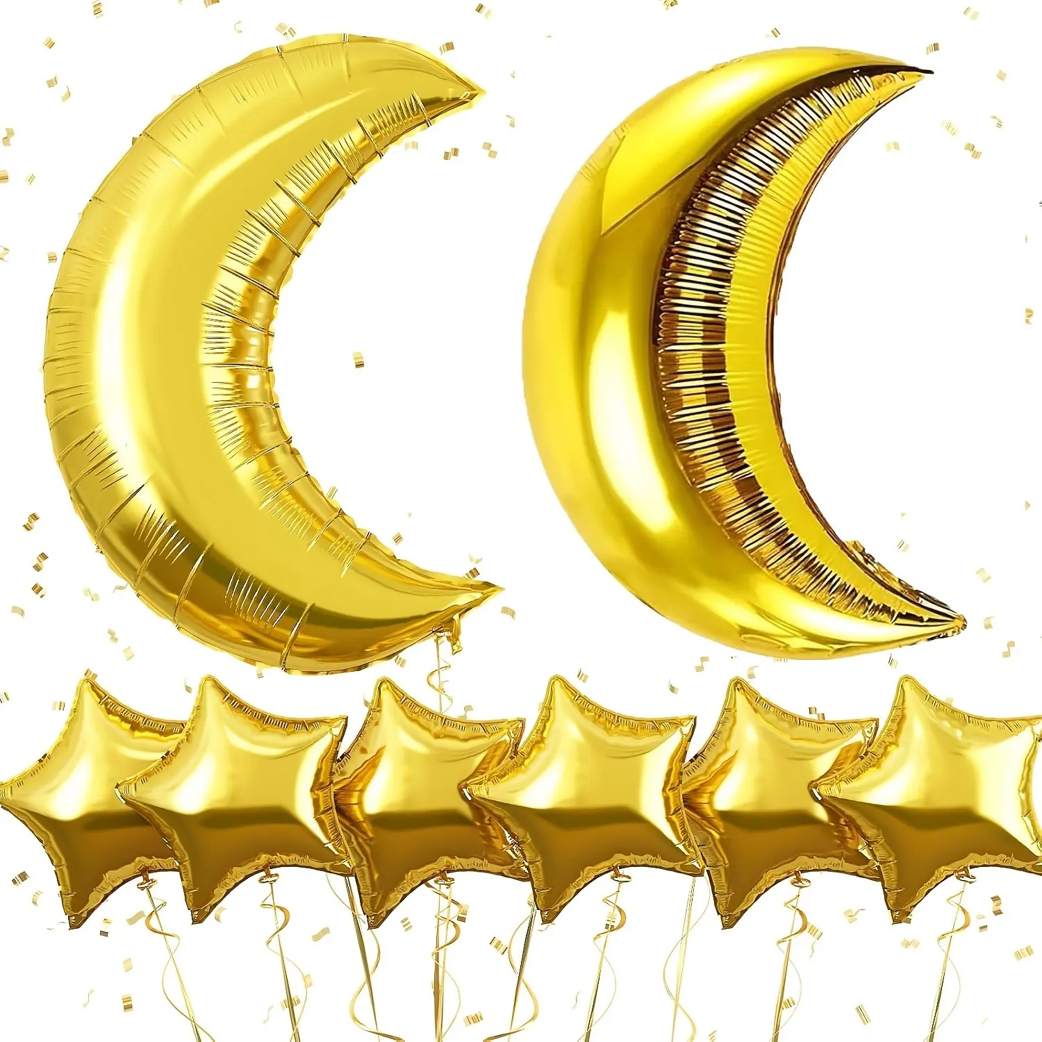 2 large golden moon balloons with 8 star balloons, suitable for decorating birthdays, weddings, bridal showers, and anniversary parties