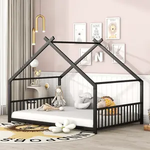 Full Size Floor Bed Frame Metal House Bed with Slats and Roof