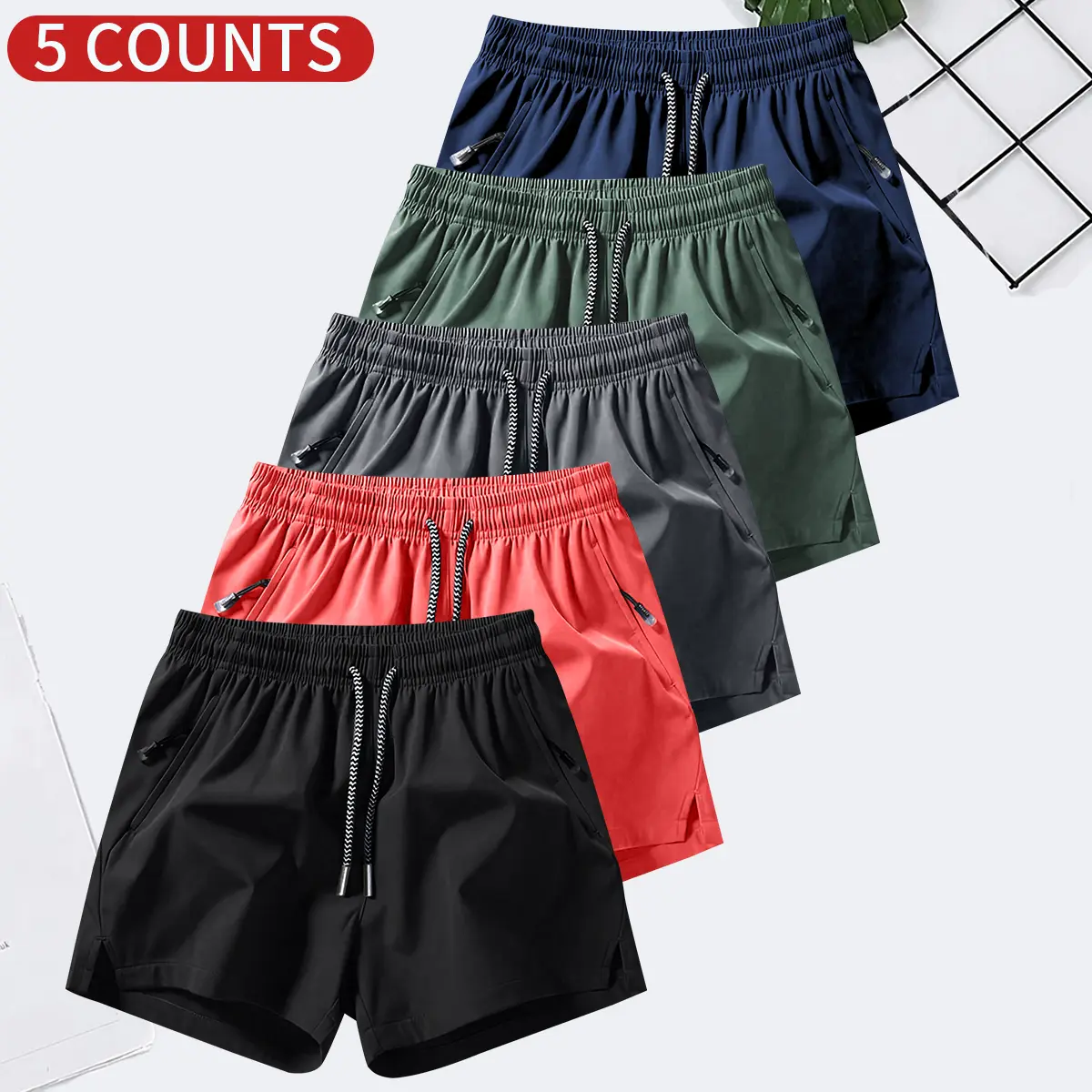 Men's Solid Color Casual Shorts Five-Piece Set, With Zipper Pockets, Summer Fashion Drawstring Sports Shorts, Suitable For Gym And Outdoor Wear Men's Solid Color Casual Shorts Five-Piece Set, With Zipper Pockets, Summer Fashion Drawstring Sports Shorts, Suitable For Gym And Outdoor Wear