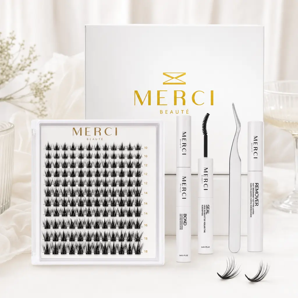 MERCI BEAUTÉ First Kiss DIY Eyelash Extension Kit – Lightweight Natural 108 Romantic Wispy D-Curl & C-Curl Cluster Lashes (10–18 mm), Bond, Seal, Remover, Tweezers, Latex-Free Eyelash Extensions & Adhesives, Eyelashes Extensions