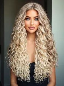 Long Curly Wigs for Women, Gorgeous Fluffy Wigs without Bangs, Synthetic Lace Front Wigs for Party, Synthetic Wavy Wig