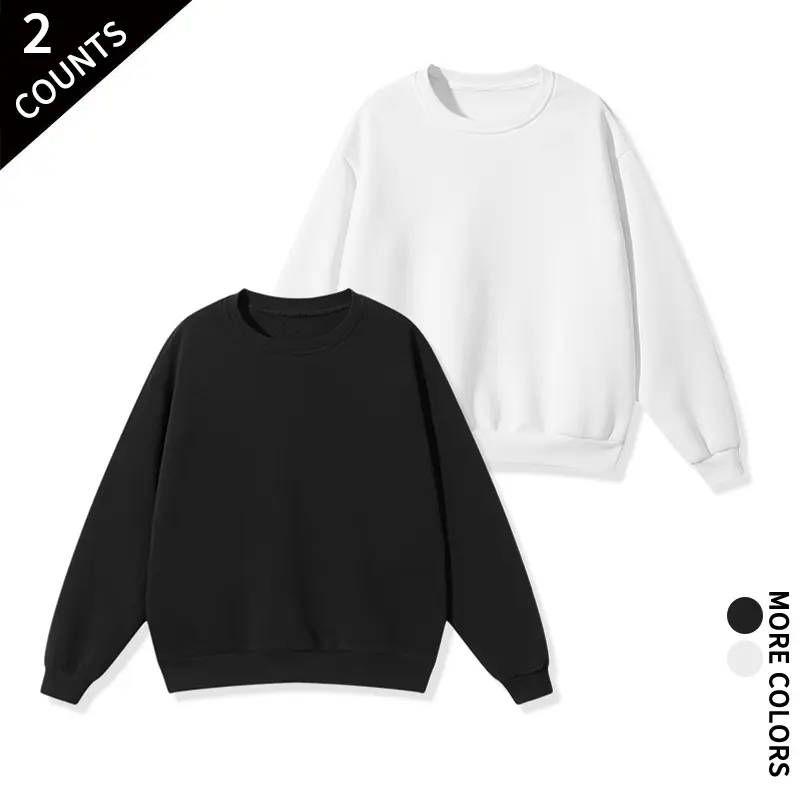 Set of 2 solid crew neck sweatshirts, soft warm fleece lined, long sleeves, loose pullover fit—ideal for autumn/winter layering, running, outdoor activities, and everyday casual wear.
