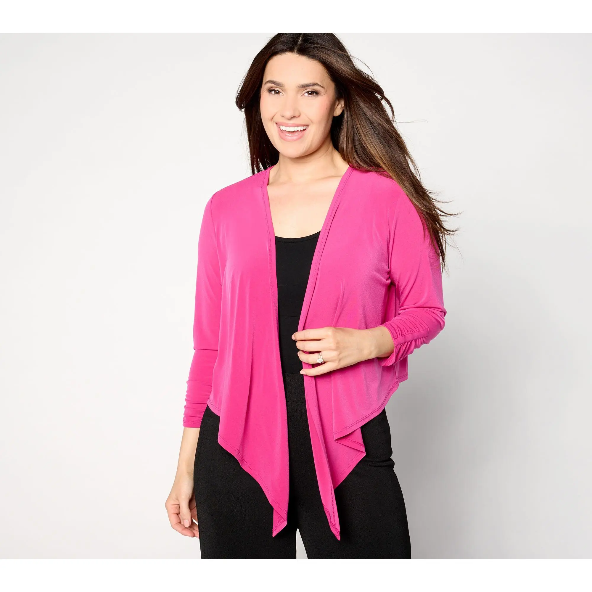 Susan Graver Liquid Knit Ruched 3/4-Sleeve Open Front Shrug