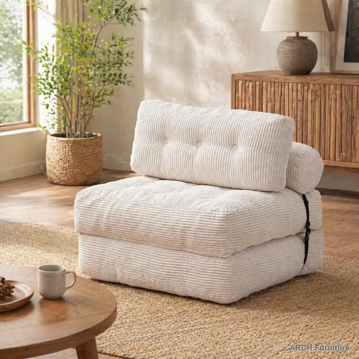 Beige Corduroy 1-Person Convertible Sofa Bed - Foldable Sleeper Chair Couch with Pillow, Mattress, Back Support, Portable Indoor Furniture for Small Spaces, 34.7x68.5in, Foldable Futon Sets, Indoor Futon Sets