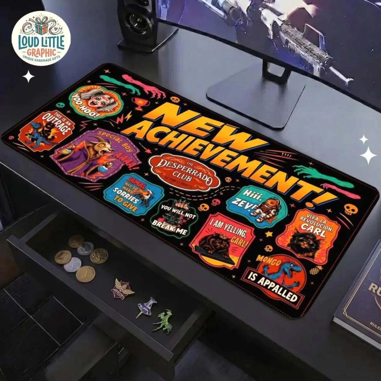 Dungeon Crawler Carl Desk Mat | DCC Gamer Mouse Pad | New Achievement Desk Mat | Princess Donut Fan Merch | Bookish Office Decor