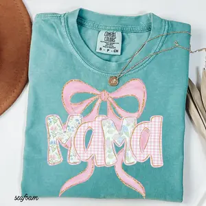 Comfort Colors Floral Mama Shirt, Mom Spring Tee, Trendy Mom Tshirt, Women's Flower Mama Shirt, Pregnancy Reveal Gift, Blue Pink Bow Shirt - AMBER