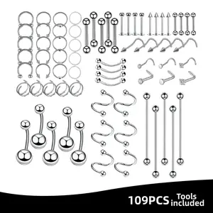 109PCS Piercing Jewelry Set – Trendy Must Have – 316L Surgical Steel, Hypoallergenic, Nickel Free – 14G 16G 18G – Fashion Earrings for Nose, Tongue, Belly Button, Eyebrow, Lip, Cartilage
