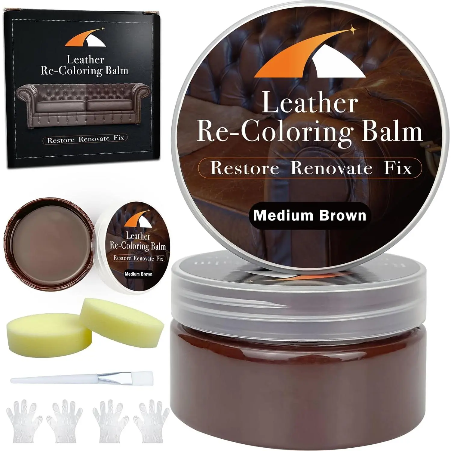 Medium Brown Leather Repair Kit - Recoloring Balm & Dye to Restore , Faded & Aged Leather & Vinyl Couches, Boots,  Seats & Furniture