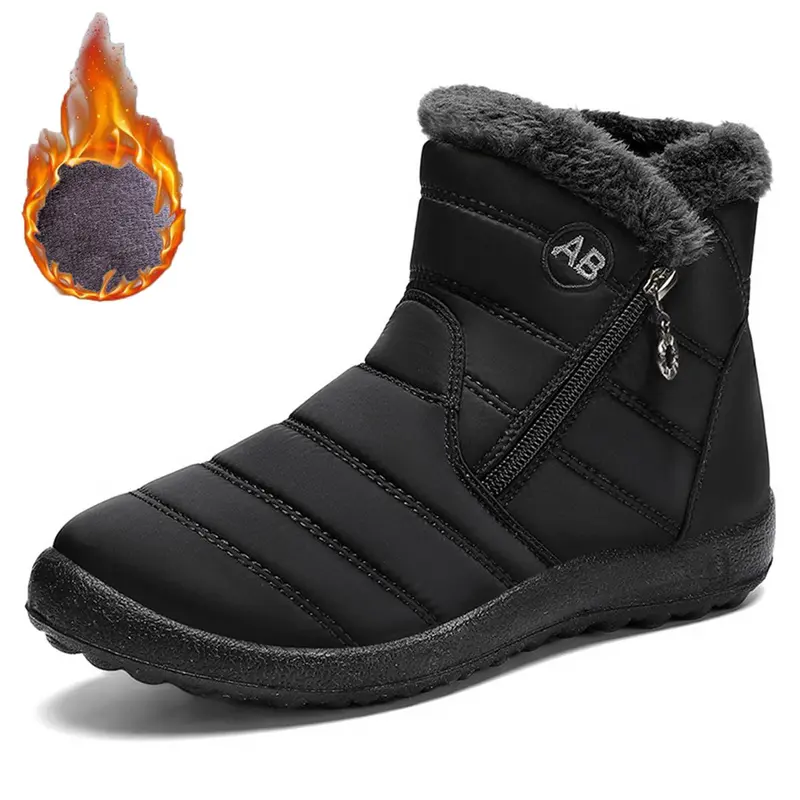 Women's Waterproof Fur-Lined Nylon Round Toe Winter Snow Ankle Booties - Vintage, Warm, Comfortable, Casual, Basic Footwear, Shock-Resistant Rubber Sole, Zipper Walking Shoes for Rainy Days, New Year's Day, Formal Occasions, Black, US6.5/EU37, US10/EU42