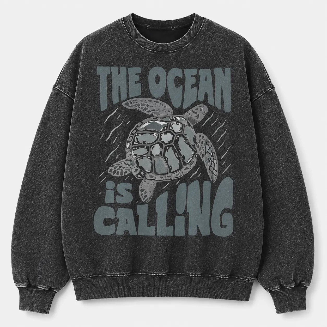 Menswear Sea Turtle Washed Fabric Sweatshirt - Men's Crew Neck Long Sleeve Pullover, Fashion Ocean Graphic Ribbed Hem Casual Beach Top, S-5X
