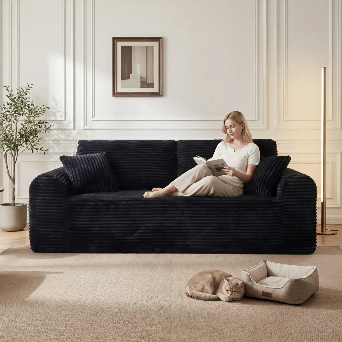 86.6" Modern Cloud Loveseat Sofa, 3 Seater Couch, Corduroy Cloud Boneless Couches for Living Room with Memory Foam, Deep Seat Design for Small Spaces, No Assembly Required (Black)