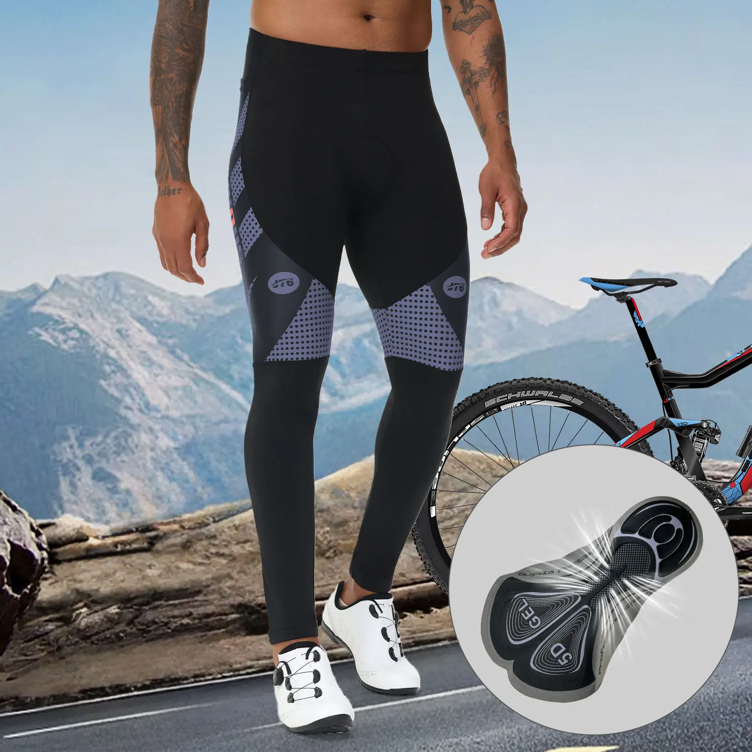 Men’s slim-fit stretch professional cycling pants made from breathable fabric, featuring side pockets and a zipper at the leg hem, with shock-absorbing, breathable padding—ideal for outdoor cycling, mountain biking, and off-road riding activities.