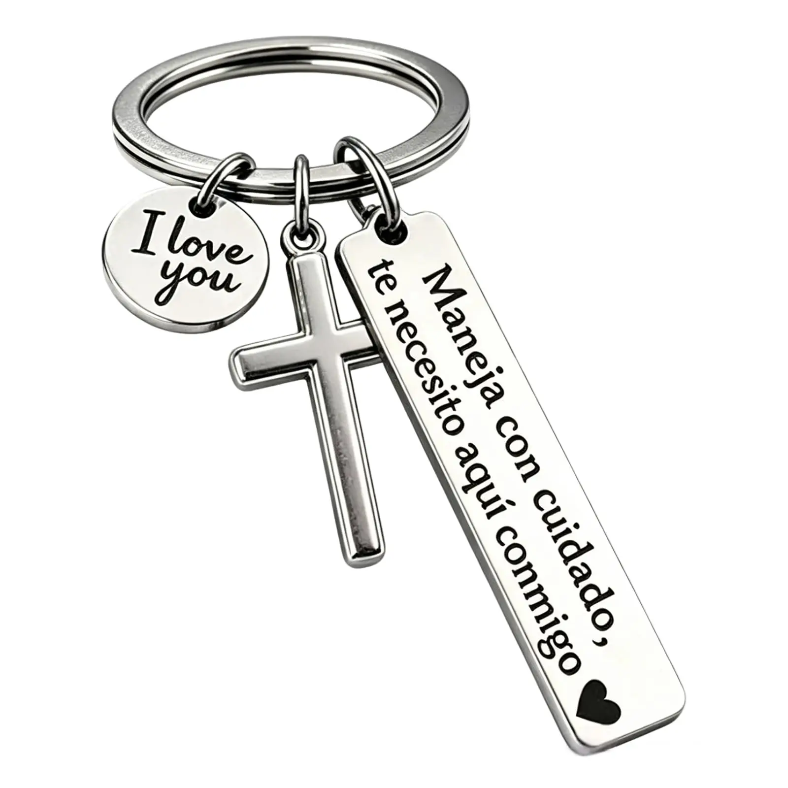 Drive Safe Stainless Steel Keychain with Cross & I Love You Charm, Spanish Religious Gift for Women Men