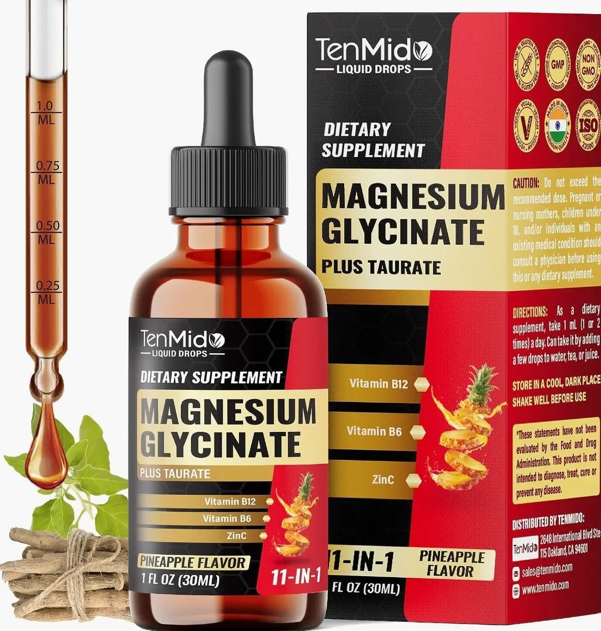 11in1 Magnesium Glycinate Liquid Drops with Taurate, Citrate, Ashwagandha, Bromelain, Marshmallow Root, L-Theanine, Passion Flower, and More - 30ml 1 Fl Oz
