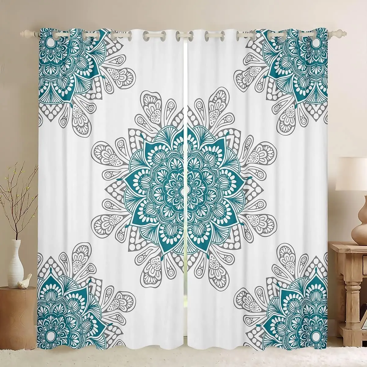 Feelyou 4-Piece Multi-Size Boho Velvet Blackout Window Drapes - Colorful Curtains with Turquoise Mandala Art, Grey Paisley Prints for Household Home Decoration