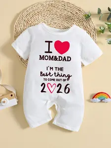 Newborn Baby Cute Summer, Short Sleeve Round Neck Romper, Letter Print Overall, Spring & Fall Infant Clothing