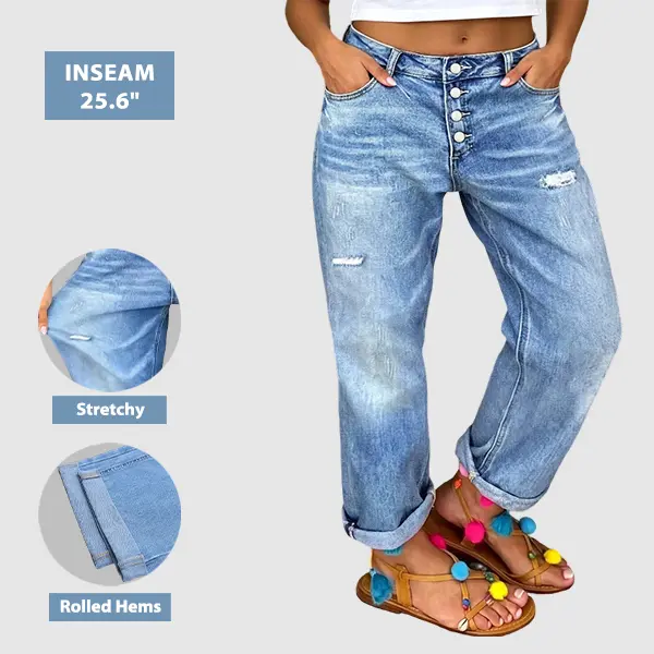 Flamingals Wash Ripped Roll Hem Button Fly Mid Rise Straight Leg Crop Jeans Womenswear Stretchy 25.6" Inseam