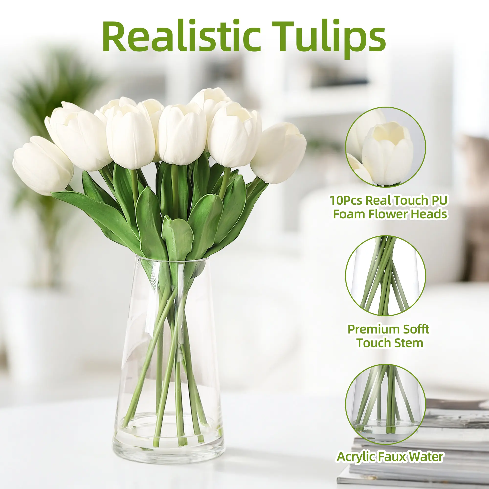 【GARVEE】Artificial Tulip Flowers in Glass Vase with Realistic Water – White Faux Tulip Arrangement – Elegant Silk Floral Centerpiece for Home, Restaurant, Wedding Decor – 1.7''W x 14''H
