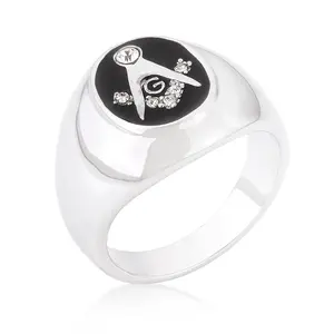Precious Stars Silvertone Men's Black Onyx and Clear Cubic Zirconia Masonic Ring