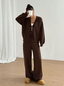 2-Piece Elegant Women's Clothing Set, Long Sleeve Knit Top with Bow Tie, Casual All-Season, Perfect for Holidays and Daily Wear