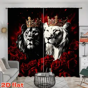 2D Flat 2Pcs Black White Lion King Crown Red Rose Curtain Panels Home Textile for Living Room Bedroom Window Treatment, Semi-Sunshade Privacy Protection, Rod Pocket Style, Home Decor Gift All Seasons