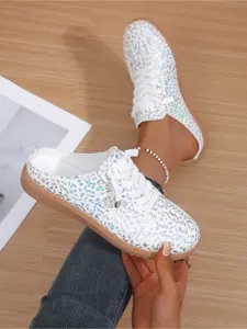 Women's Leopard Print Mule Sneakers, Holographic Glitter Slip On Backless Casual Shoes, Summer Breathable Flat Walking Shoes for Ladies